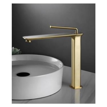 Imagem de Ouro - Torneira de água quente e fria de cobre escovado acima do balcão lavatório luz de banheiro torneira de lavatório simples de luxo torneira de pia de banheiro