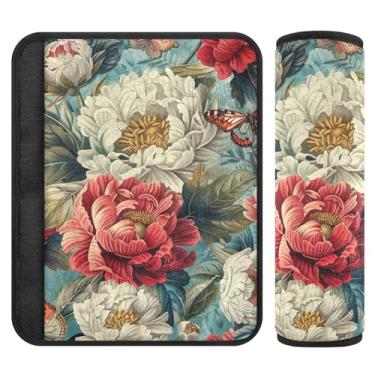 Imagem de Burbuja Capa de cinto de segurança de carro flores vintage almofadas macias confortáveis protetor de cinto de segurança de carro para alça de ombro de assento de carro, 1 par médio