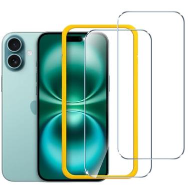 Imagem de ivoler Pacote com 2 películas de vidro temperado para iPhone 16 Plus de 6,7 polegadas com [moldura de alinhamento], antiarranhões, compatível com capas, película transparente HD transparente