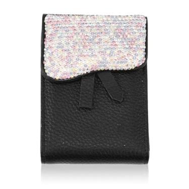 Imagem de AuMoHall Porta-cartões elegante brilhante, carteira minimalista para cartão de crédito com design de strass, estojo compacto de couro para cartão de viagem com 8 compartimentos para mulheres, rosa