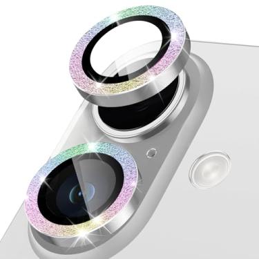 Imagem de Happtkey Protetor de lente de câmera para iPhone 16 Plus, anel de metal de liga de alumínio individual com glitter, protetor de tela de vidro temperado 9H, protetor de tela de luxo HD antiarranhões
