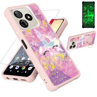 Imagem de jioeuinly Capa para celular compatível com BLU G65L / Pinwheel Genesis 4 [com protetor de tela de vidro temperado][PC rígido + silicone macio][suporte para anel] [glitter dourado + luminoso] JSF-DJS