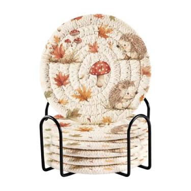 Imagem de SEHANY Conjunto de 6 porta-copos de cogumelos florestais com suporte, porta-copos redondos absorventes de algodão resistente ao calor para mesa de jantar, canecas de café, 10 cm