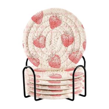 Imagem de SEHANY Conjunto de 6 porta-copos fofos de morango com suporte, porta-copos redondos absorventes de algodão resistente ao calor para mesa de jantar, canecas de café, proteção de copos, 10 cm