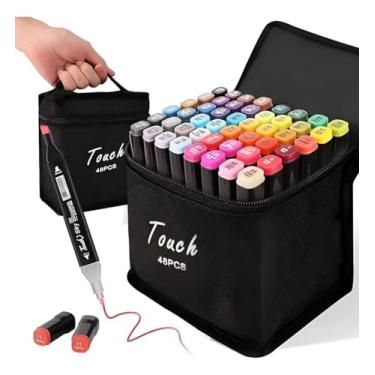 Imagem de Kit Canetinhas Touch Marker 48 Cores – Ponta Dupla Artística Profissional | Marcadores Álcool Desenho, Lettering e Mangá | Estojo Portátil