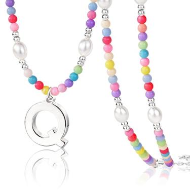 Imagem de Poxtex Lindos colares de contas com inicial para meninas, elegantes e coloridas, pérolas, letras, gargantilhas, para mulheres, adolescentes, feito à mão, banhado a ouro 14K, boêmio, joias