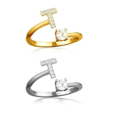 Imagem de ABJFJE Anéis femininos ajustáveis com letras prateadas douradas delicadas zircão cristal inicial empilhável anel moderno joia exclusiva presente 2 peças, Latão, Cristal