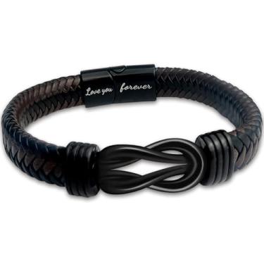 Imagem de Pulseira de nó para homens – Pulseira infinita de aço inoxidável de couro trançado marrom, gravada "Love You Forever", perfeita para marido, namorado, filho, neto, irmão, sempre ligados