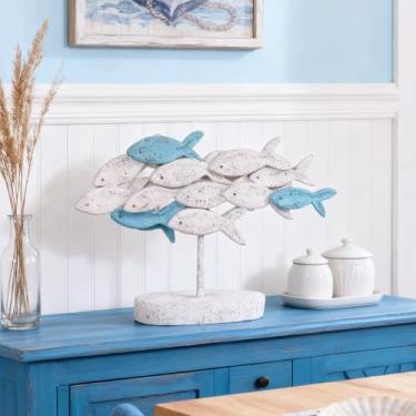 Imagem de Estatueta de escultura de peixe escolar – Estátua de peixe branco e azul para decoração náutica costeira, decorações de banheiro de praia oceânica, decoração de peixe de mesa ou prateleira para sala