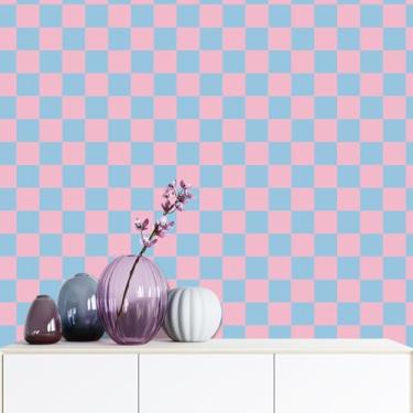 Imagem de Amiya Papel de contato quadriculado rosa azul descascar e colar quadriculado moderno papel de parede mosaico vinil autoadesivo papel de parede removível para armários, forro de prateleira, quarto, 43