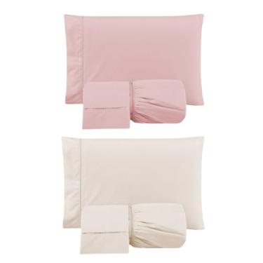 Imagem de Kit 2 Jogos de Lençol Casal Padrão com Elástico e Fronhas Bordada em Ponto Palito, 6 Peças em Micropercal 300 Fios 100% Poliéster (2 Jogos CP Versat (Rosê/Palha))