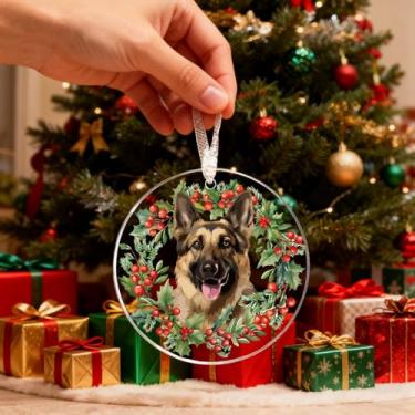 Imagem de 1 enfeite de Natal de acrílico pastor alemão – decoração redonda pendurada para animais de estimação, presente ideal para amantes de cães e gatos (mulheres e homens) para árvore de Natal