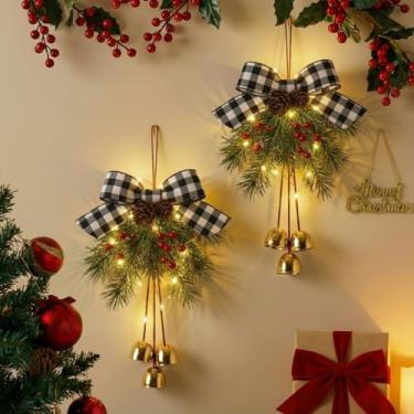 Imagem de Knitgrip 2 peças de decoração de laços de Natal de 38 cm com sinos, enfeite grande de árvore de Natal, pingente de guirlanda de Natal com bagas de cipreste de pinha, para decoração de festa (preto e