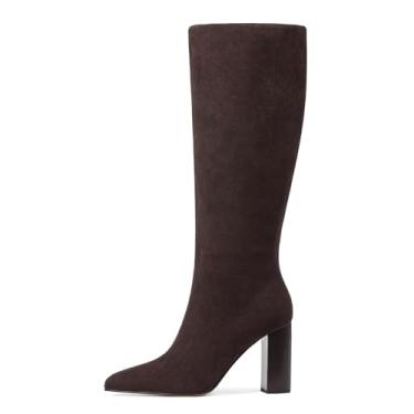 Imagem de femflame Botas de cano alto femininas de couro preto bico quadrado salto bloco grosso zíper lateral bota longa botas de panturrilha larga para mulheres, Chocolate, 40