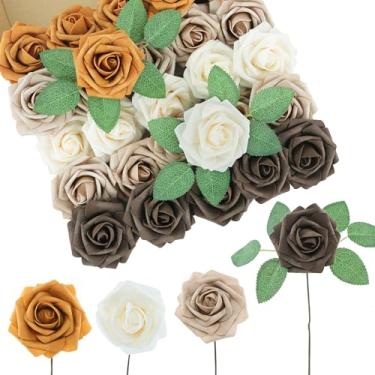 Imagem de DuHouse 25 peças de rosas artificiais flores falsas com hastes flores de espuma de toque real para buquê de casamento DIY peça central arranjo floral festa decoração de casa (bege marfim)