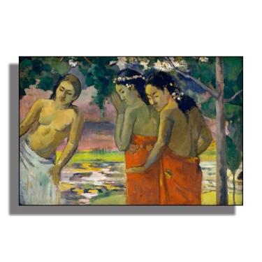 Imagem de OKRA Arte de parede em tela Gauguin - Decoração de parede de três mulheres taitianas - Retrato a óleo - Adequado para estúdios de arte, banheiros e livrarias. Sem moldura. 30 x 45 cm