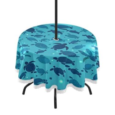 Imagem de Qilmy Toalha de mesa redonda impermeável de tartaruga marinha de 152 cm com orifício para guarda-chuva e zíper – uso externo / interno resistente para pátio, churrascos, piqueniques, festas (serve