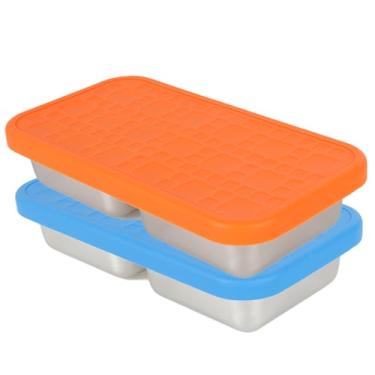 Imagem de Recipientes de lanche de aço inoxidável de 4/2 peças, caixas bentô de compartimento duplo à prova de vazamento com tampas de silicone, lancheira reutilizável para armazenamento de alimentos, copos de