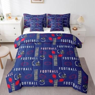 Imagem de jejeloiu Jogo de edredom de futebol americano com lençol de solteiro, para decoração de quarto de meninos e meninas, cidade de futebol americano, 7 peças, azul, vermelho, respirável, macio