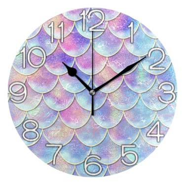 Imagem de Relógio de parede analógico decorativo redondo sem tique-taque silencioso relógio de sala de aula, decoração de parede de meados do século, escamas de peixe coloridas douradas, 25 cm, ponteiros pretos