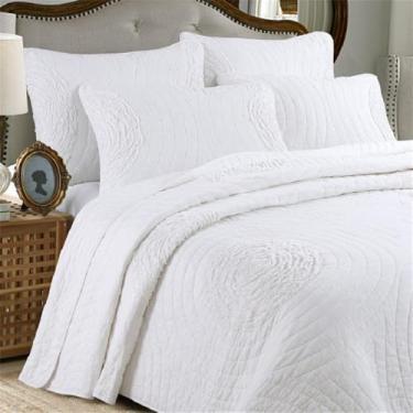 Imagem de Conjunto de colcha de algodão com edredom, manta acolchoada, capa de travesseiro e aplique para cama, branco, 231 x 249 cm (91 x 98 polegadas)