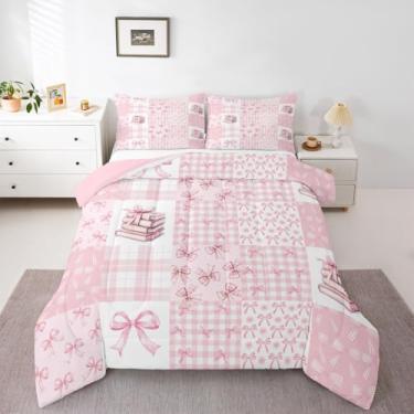 Imagem de Feelyou Conjunto de edredom com laço rosa para todas as estações, fofo, com 1 fronha, laço de princesa, microfibra, roupa de cama kawaii, decoração de quarto, edredom respirável, macio e leve
