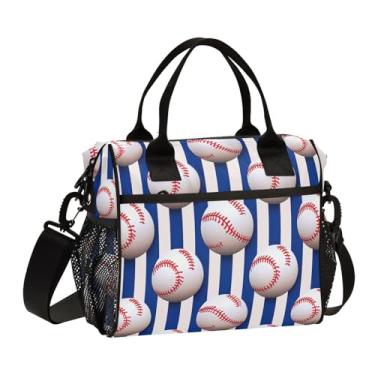 Imagem de GAIGEO Bolas de beisebol listradas, azul e branco, lancheira com alças, lancheira com zíper, lancheira térmica para mulheres, P
