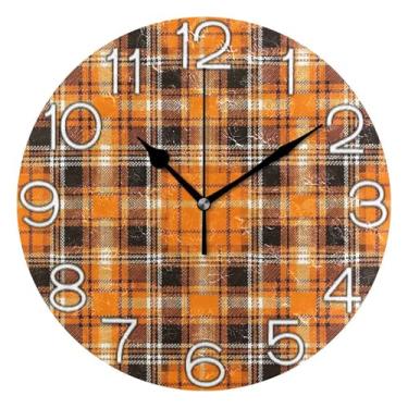 Imagem de GAIGEO Relógio de parede analógico decorativo operado por bateria silencioso para sala de aula, relógio de escritório, decoração de parede moderna para sala de estar clássico preto xadrez laranja