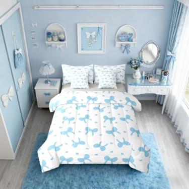 Imagem de Erosebridal Conjunto de edredom para meninas, solteiro, princesa, sonhadora, azul, para quarto de crianças, adolescentes, mulheres, 7 peças, conjunto de cama com laço e coração
