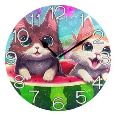Imagem de GAIGEO Relógio de parede analógico decorativo sala de aula relógio de escritório estético silencioso sem tique-taque, decoração de parede moderna para sala de estar fofo gato colorido gatinho, 25 cm