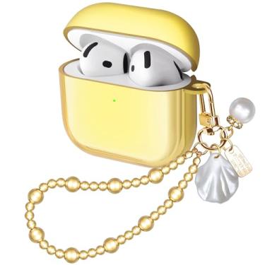 Imagem de Ucharmbead Compatível com AirPods 4 Capa protetora feminina com glitter dourado para Air Pods 4ª geração com chaveiro de pulseira de luxo para mulheres e meninas (contas banhadas a ouro)