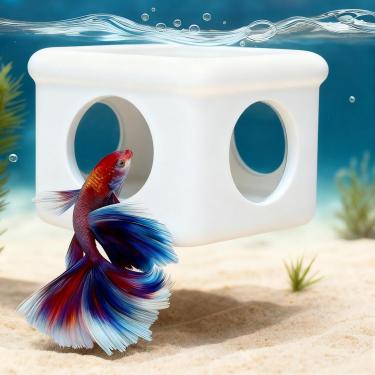 Imagem de Esconderijo Betta Flutuante Branco com Furos Laterais Redondos – Caixa de Reprodução Flutuante 3D e Caverna de Descanso com Janela – Plataforma de Alimentação, Abrigo de Peixe e Rede para Betta