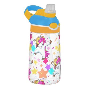 Imagem de Garrafa de água infantil de 473 ml, à prova de vazamento, 473 ml, garrafa de água de plástico Tritan com canudo reutilizável e portátil, alça de transporte, desenho animado branco com estrelas de