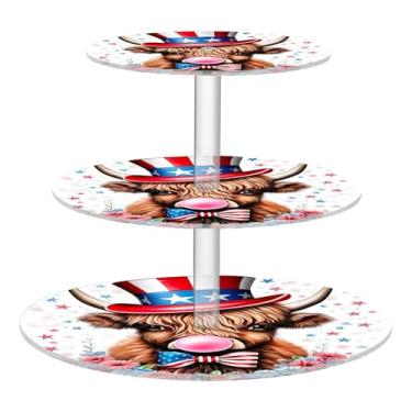 Imagem de Suporte de cupcake de 3 camadas, festa de chá, aniversário, casamento, torre de bolo, exibição fofa, 4 de julho, suporte para servir vaca Highland para festa, bandeja de sobremesa em camadas