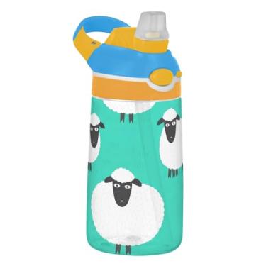 Imagem de Garrafa de água infantil fofa de ovelha branca verde-azulado para escola, 473 ml, 473 ml, garrafa de água esportiva Tritan com canudo, copo infantil à prova de vazamento, reutilizável, alça de