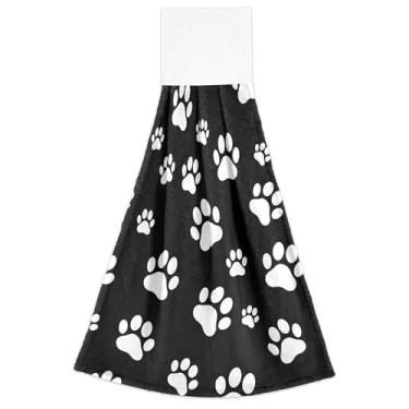 Imagem de Pata de cachorro branca toalhas de mão pretas de outono com laços para pendurar toalhas de gravata de forno macias absorventes conjunto de 2, toalhas de cozinha decorativas 18,2 x 14 polegadas