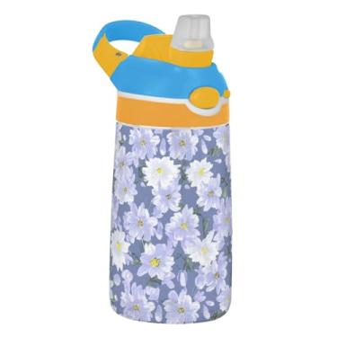 Imagem de Garrafa de água esportiva infantil de 473 ml com tampa de palha, garrafa de água Tritan reutilizável de 473 ml, copo infantil portátil à prova de vazamento, alça de transporte, flores brancas roxas