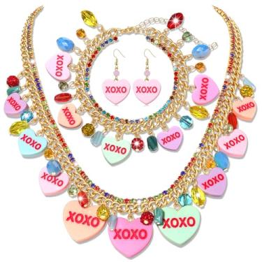 Imagem de CEALXHENY Colar de Dia dos Namorados para Mulheres LOVE XOXO Conversation Heart Gargantilha Colar Rosa Grosso Link Corrente Colar Roupas de Dia dos Namorados Joias Presentes Lembranças de Festa, Zinco