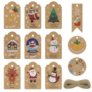 Imagem de 96 etiquetas de Natal Kraft com 100 cordas de barbante de juta, etiquetas de presente marrons de 7,4 x 4,5 cm para presentes de Natal, etiquetas rústicas de Natal para embrulho, suprimentos de festa