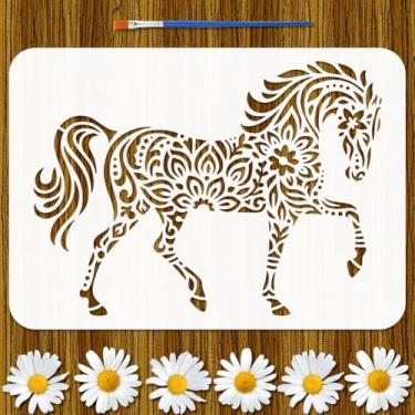 Imagem de FINGERINSPIRE Estêncil de cavalo mandala com 1 pincel, 21 x 29,7 cm, estêncil de pintura de cavalo floral, modelo de tema de mandala para pintura em móveis de parede de madeira, decoração de casa faça