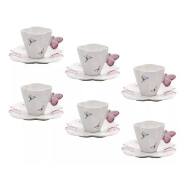 Imagem de 6 Xícaras De Café E Pires Porcelana Borboletas Branco 100Ml