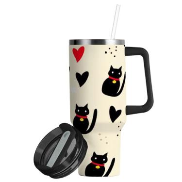 Imagem de ATTX Copo de gato preto de 850 g com alça, copo de aço inoxidável a vácuo de parede dupla com palha, caneca de café de viagem isolada #228