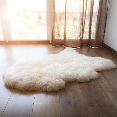 Imagem de Tapete de pele de carneiro WaySoft genuíno da Nova Zelândia, tapete de pele luxuosa para quarto, tapete fofo para sala de estar Single Pelt Natural (Yellow-white Ivory)
