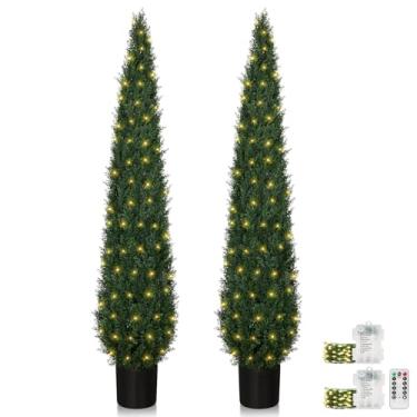Imagem de JOZHENJU Topiária artificial de cedro de 1,8 m para ambientes externos – planta de cipreste falso resistente a UV com vaso pesado – Árvore falsa grande realista com cordão de luzes de LED para