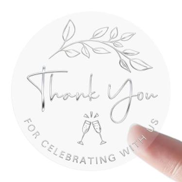 Imagem de Pacote com 100 adesivos de casamento transparentes de folha prateada – "Thank You for Celebrating with Us" Etiquetas transparentes – Selos de envelope de folha prateada para convites de casamento