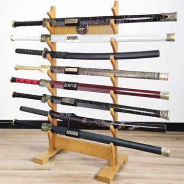 Imagem de Suporte de exibição de espada, suporte de espada samurai Katana multicamadas cabide de espada, suportes de armas de artes marciais para todos os tipos de espadas (preto 9) (marrom claro 8)