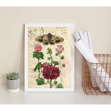 Imagem de Quadro Borboleta e Flor Vintage 45x34cm - Vidro - Moldura Branca