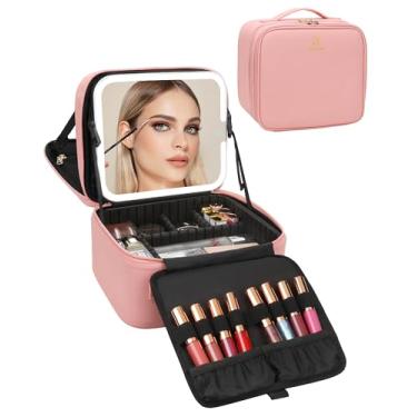 Imagem de Relavel Bolsa de maquiagem com espelho de LED, estojo de maquiagem de viagem com espelho iluminado recarregável, 3 luzes coloridas, caixa de cosméticos de camada dupla, organizador de batom e pincel