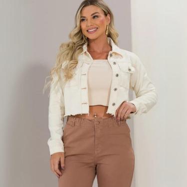 Imagem de Jaqueta Feminina Cropped Jeans Barra Desfiada Fecho em Botão Bolso Frontal Manga Longa com Botão-Feminino