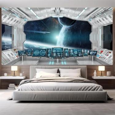 Imagem de FLFK Papel de parede autoadesivo de nave espacial 3D 199.9 cm x 149.9 cm-Universe Outer Space Autoadesivo Grande Poster - Science Explore Station Painting Sticker para decoração de quarto de crianças